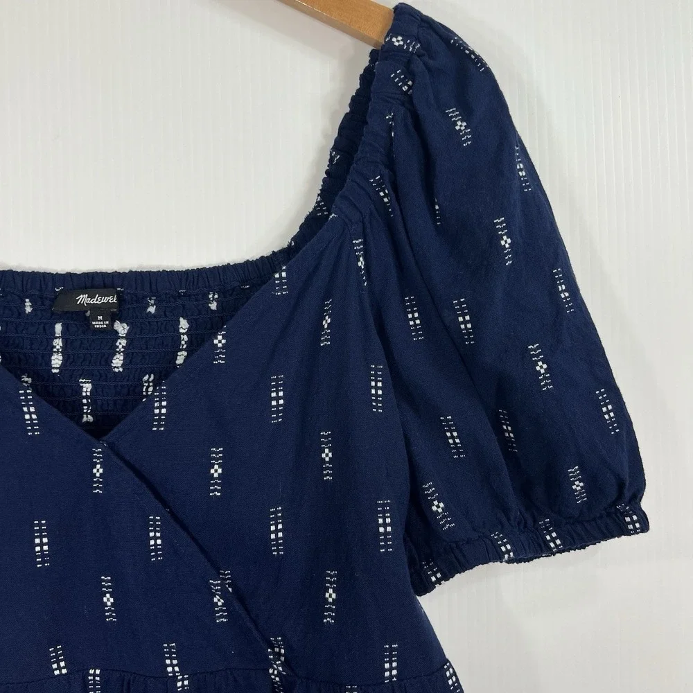 Madewell Jacquard Puff-Sleeve Empire Top Size Medium Cotton Blue Babydoll Summer